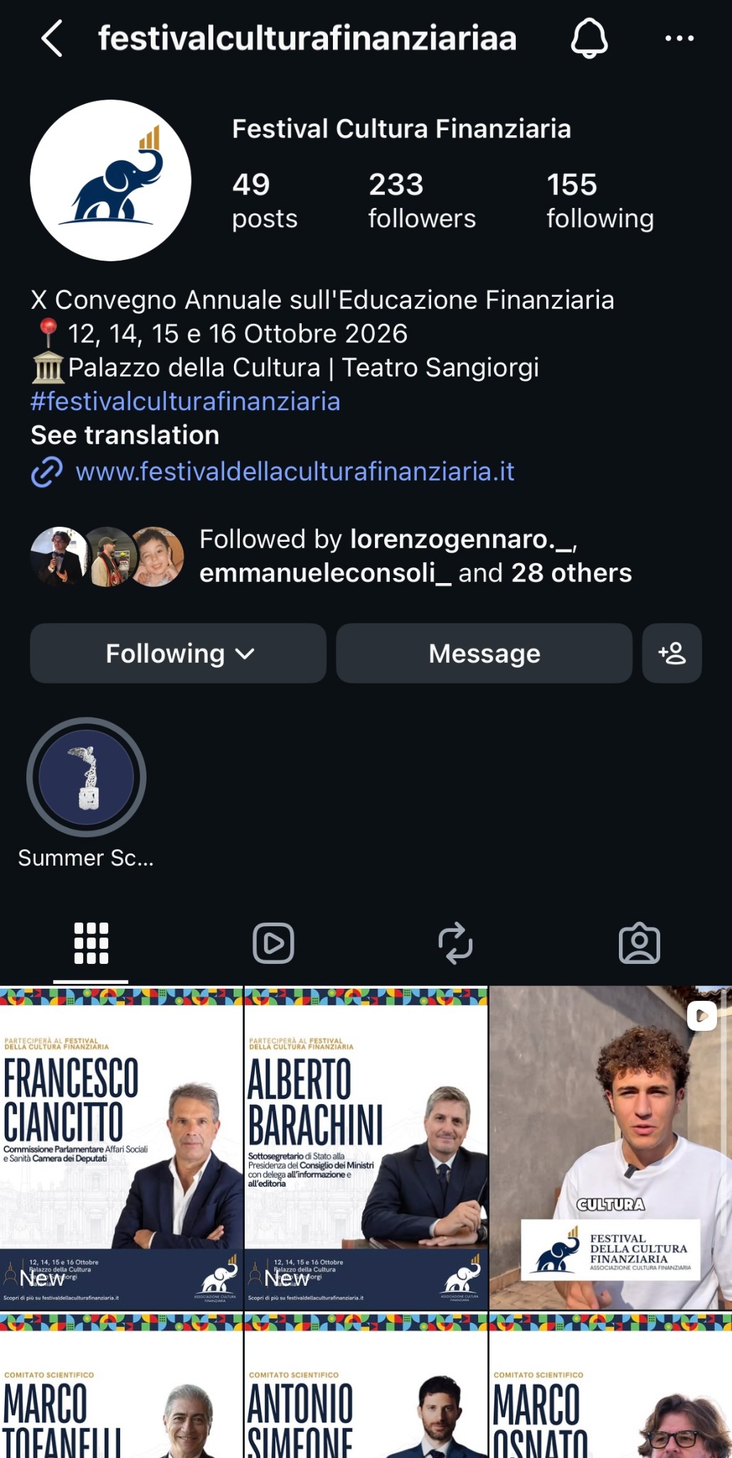 Anteprima del profilo Instagram Festival Cultura Finanziaria